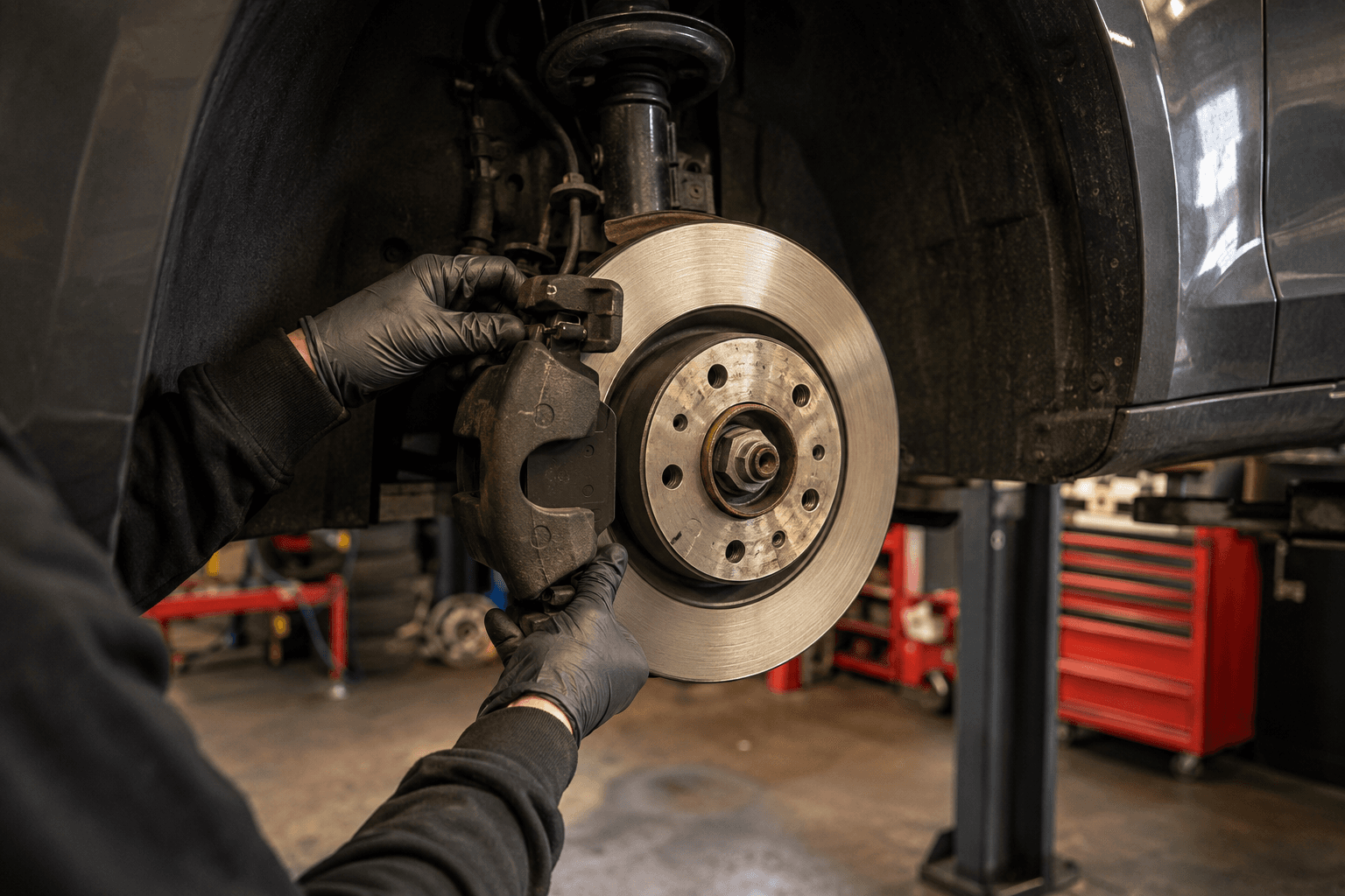 Technician inspecting a brake assembly in a clean red-accented workshop