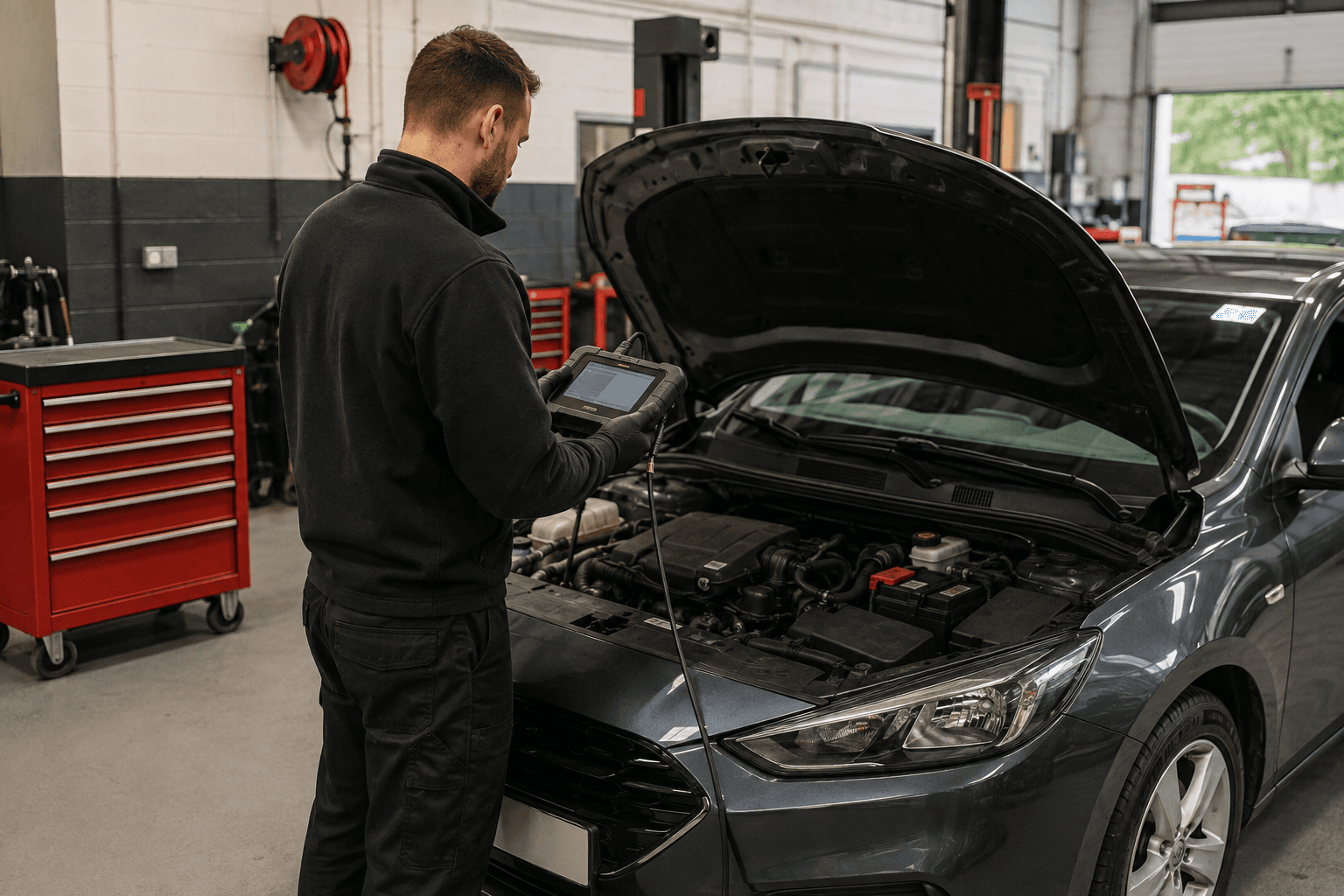Technician checking a vehicle with professional diagnostic equipment