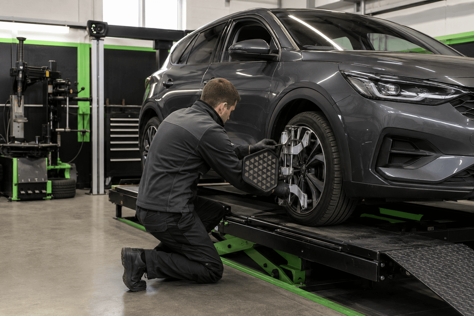 Tyre and wheel technician working beside professional alignment equipment